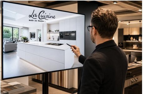 Berater zeigt 3D-Küchenplanung auf Bildschirm im La Cuisine Studio